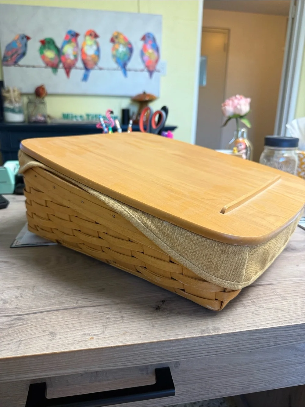 Longaberger wooden Lap Desk with Woven Basket Base in Light Oak and Mustard
